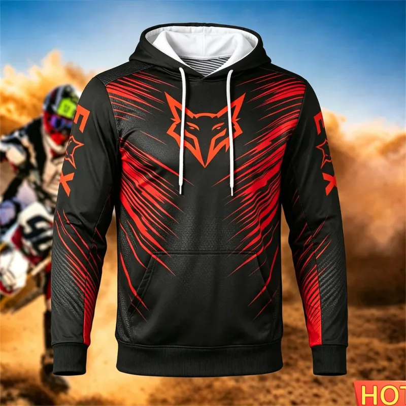 Outono/inverno moletom de corrida masculino ao ar livre ciclismo com capuz pulôver padrão de raposa bolso moletom esportivo motocicleta moletom com capuz — image 6