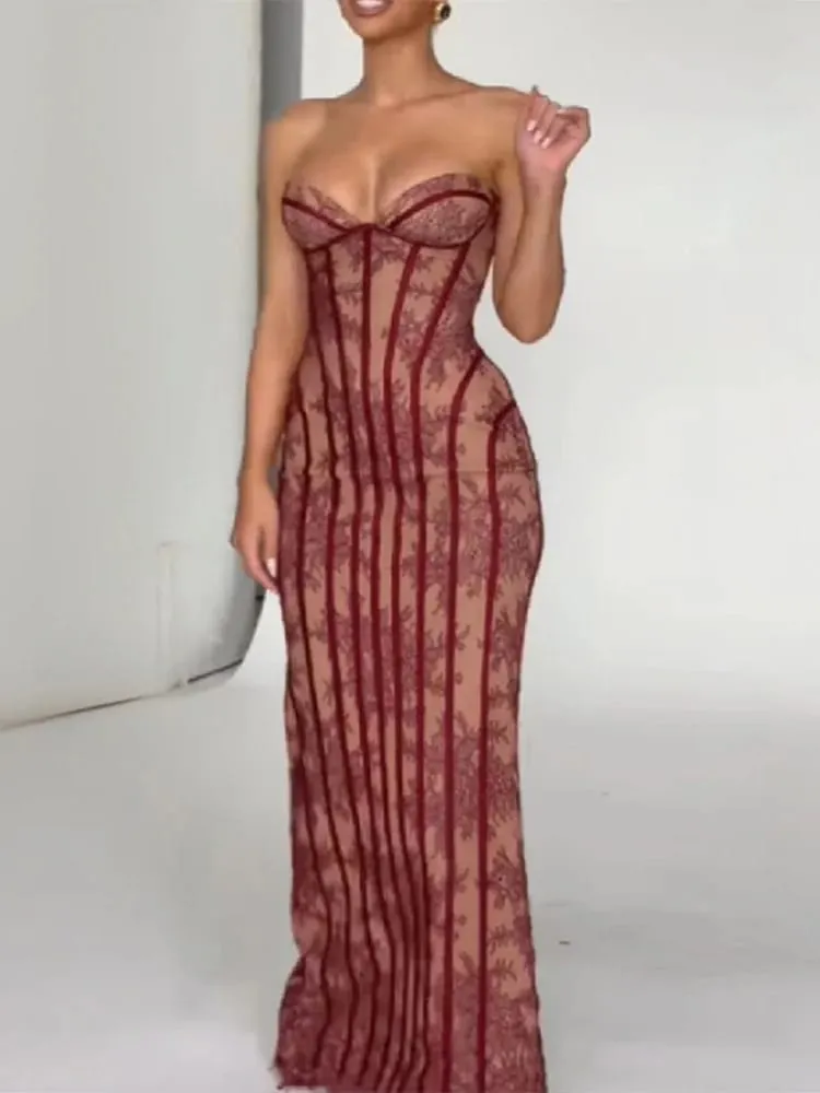 Elegáns, elegáns gézből készült halcsontparti ruha váll nélküli, pánt nélküli maxi ruha női csipkeformázó derék Vestidos 2026 estélyi ruhák — image 4