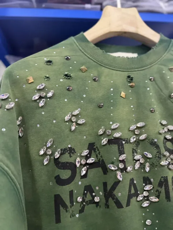 Letters Logo Rhinestone Rivet Satoshi Nakamoto Sweatshirts Men Women Streetwear Vintage Washed Charcoal Gray Green Pullovers Tag