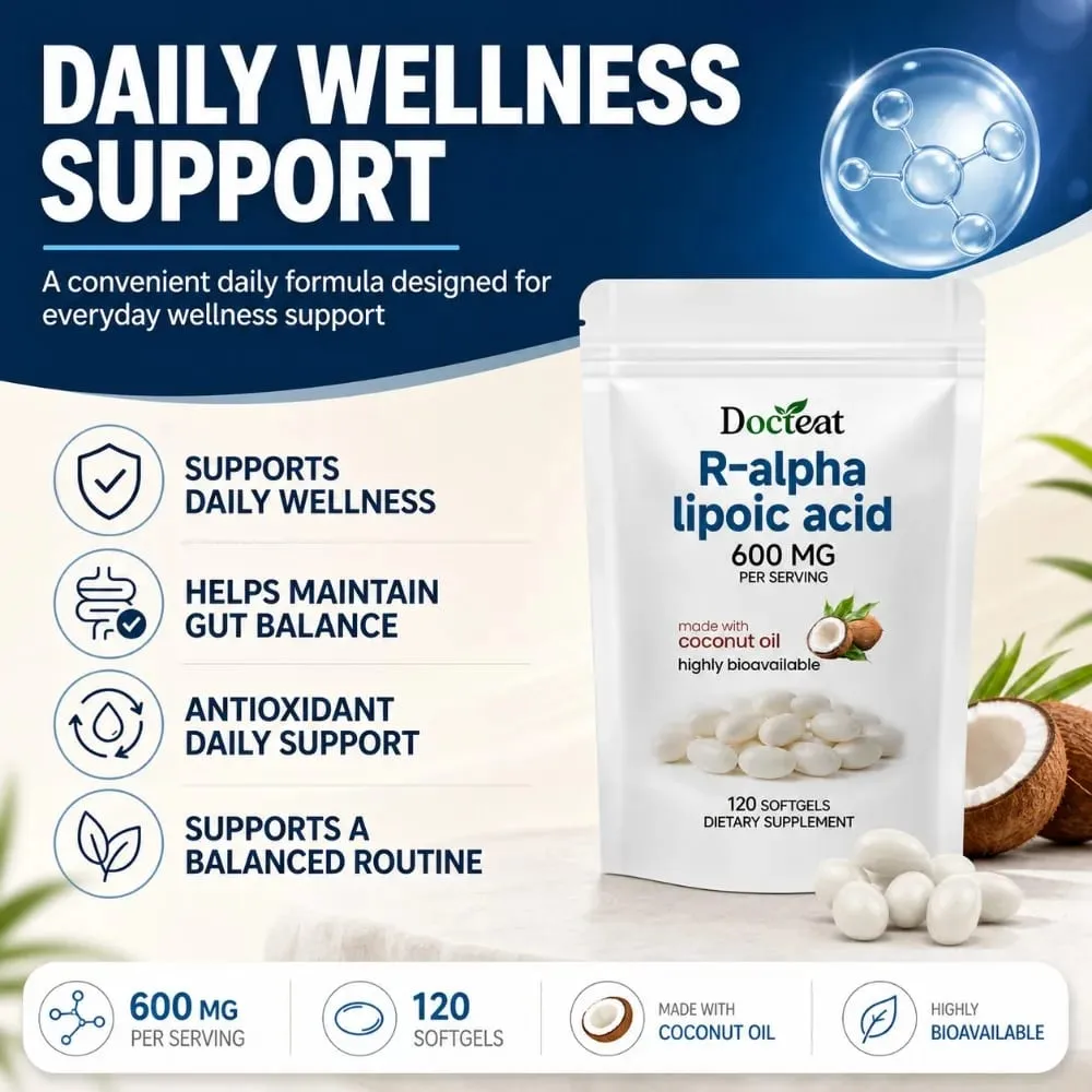 Μαλακές γέλη R-Alpha Lipoic Acid 600 mg ανά μερίδα 120 Αριθμός Φτιαγμένο με λάδι καρύδας Βολική καθημερινή διατροφική υποστήριξη ευεξίας