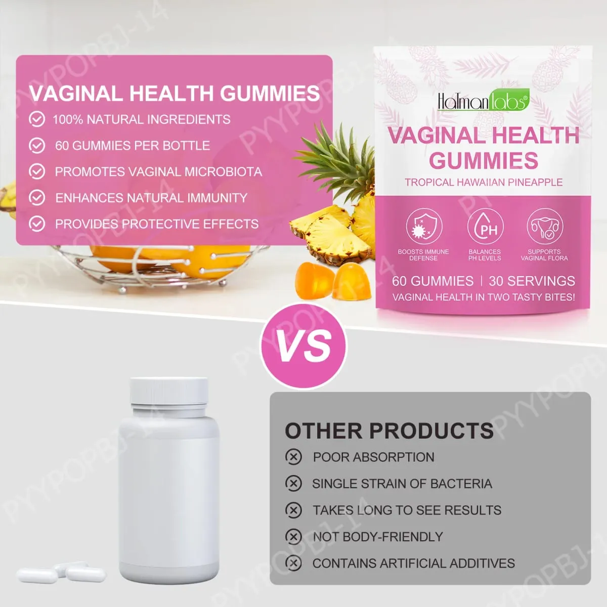 HolmanLabs Vaginális Egészségügyi gumicukor C-vitaminnal és probiotikumokkal támogatja a hüvelyflórát, segít kiegyensúlyozni a pH-szintet 60 gumicukor — image 5