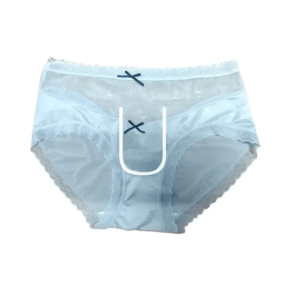 Men Satin Lace Brief Underwear Sweet Bow Decoration Sheer Mesh Waistband Scalloped Lace Trim Soft Smooth Fabric Sexy Male Briefs