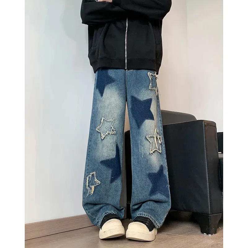 Farmer Férfi Egyenes csillag hímzés Patchwork őszi farmer Uomo széles lábú Hip-hop divat Ifjúsági semleges utcai viselet farmer nadrág — image 8