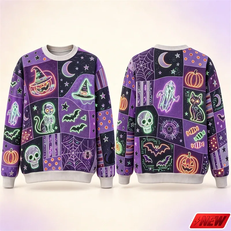 Halloween Splicing Patterns Sweatshirt Men 3D Print Pumpkin Cat Long Sleeve Pullover Hoodie Quick Dry Holiday Costume Top Unisex