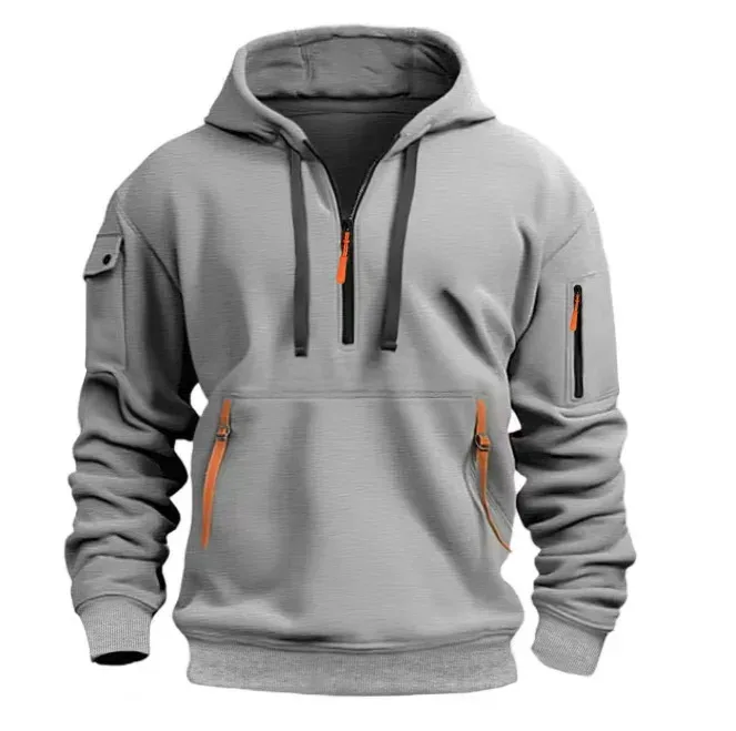 Autumn Men Half Zip Hoodie Multi Zipper Pocket Long Sleeve Pullover Drawstring Hooded Sweatshirt Outdoor Casual Loose Street . — image 7