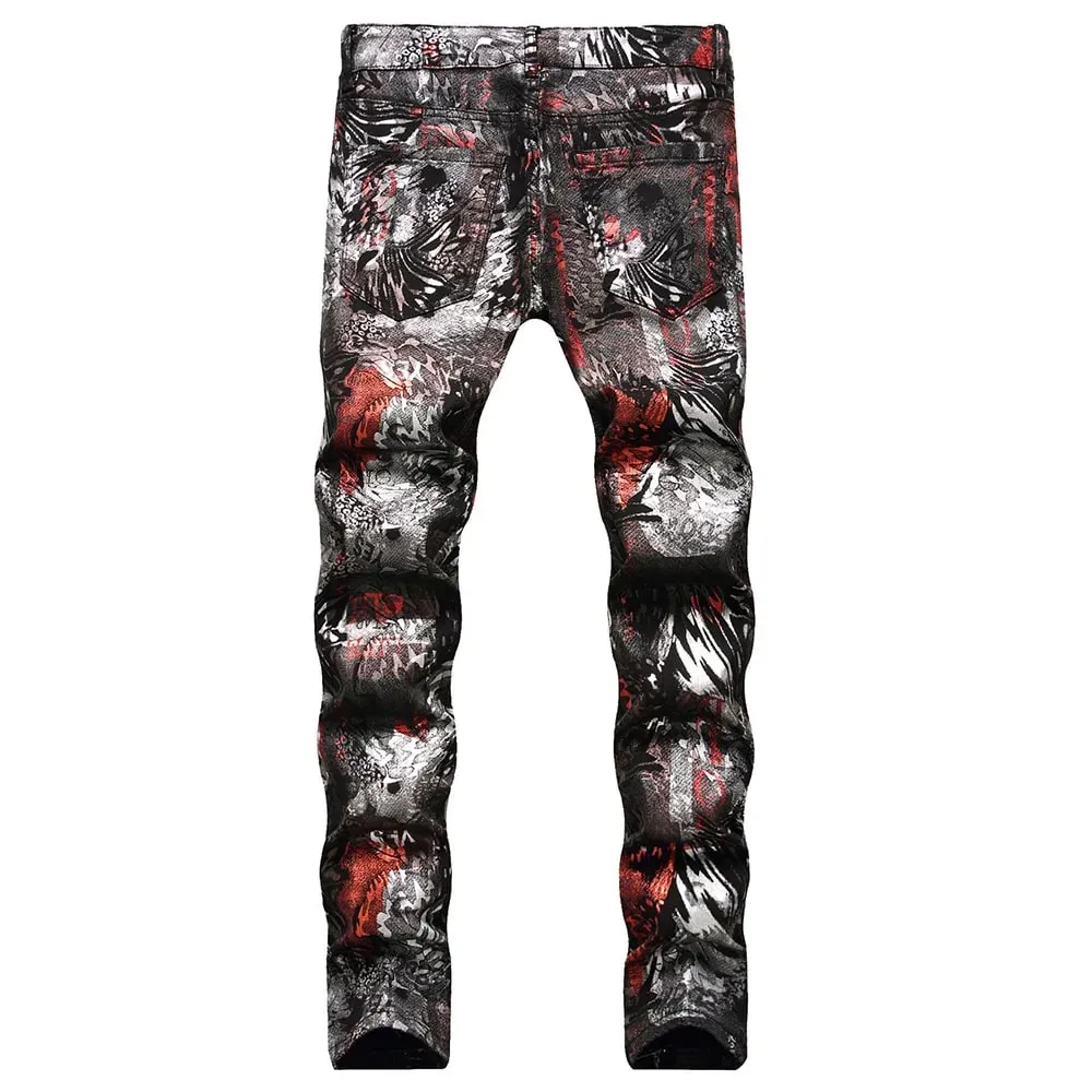 Men Coated Denim Jeans Fashion Shinny Leopard Abstract Pattern Printed Pants Slim Tapered Trousers — image 2
