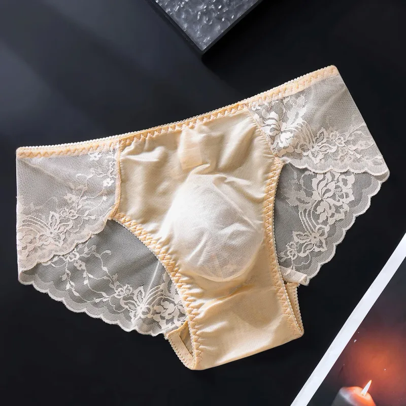 Cuecas masculinas de renda sem costura cuecas de seda gelada 3D bolsa com protuberância calcinha gay de cintura baixa — image 7