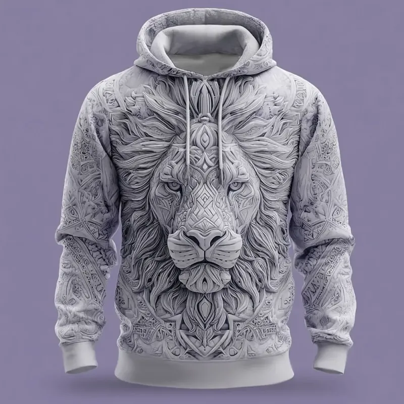 2026 Fall Winter Men's Vintage Animal Lion 3D Prints Hooded Hoodies Sweatshirt Long Sleeve Crew Neck Streetwear Drawstring Tops