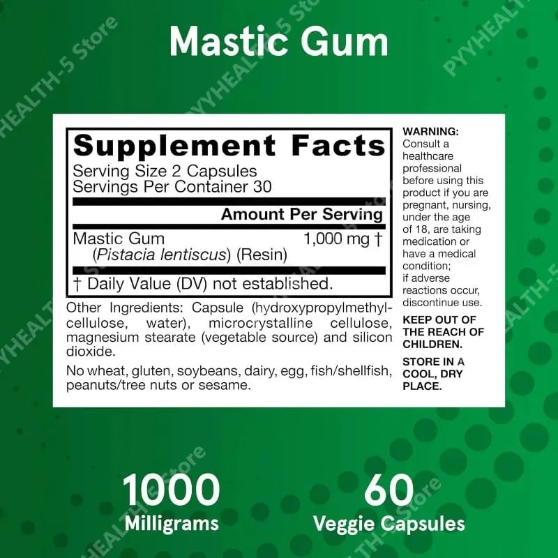 Mastic Gum 1000 mg 60 Veggie Caps Digestive Tract Support for Stomach and Duodenal Health 30 Servings Dietary Supplement
