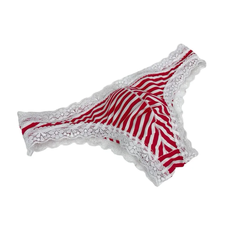 Men Lace Trim Striped G-string Underwear Half-covered Butt Low-rise Pantie Breathable Sexy U Bulge Pouch Comfortable Tong — image 3