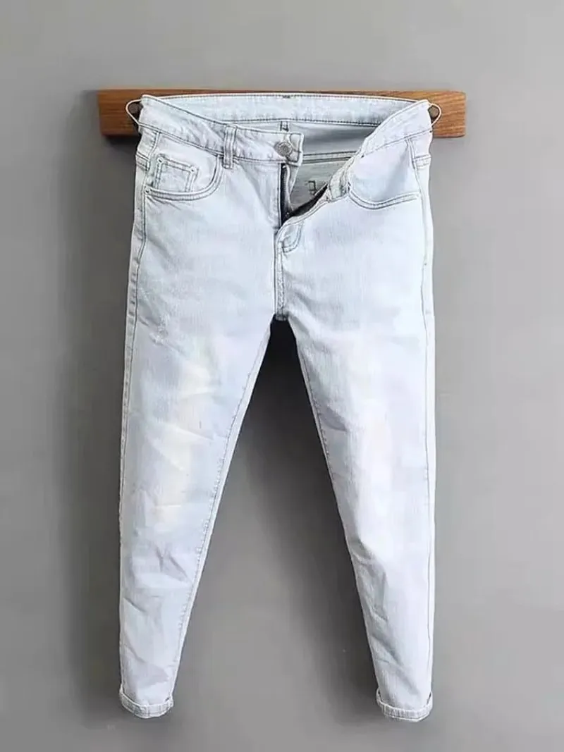 2000’s Clothes Men's Light-colored Jeans 2025 New Spring Autumn Slim Cargo Light Blue Pants Trendy Brand Work Elastic Trousers