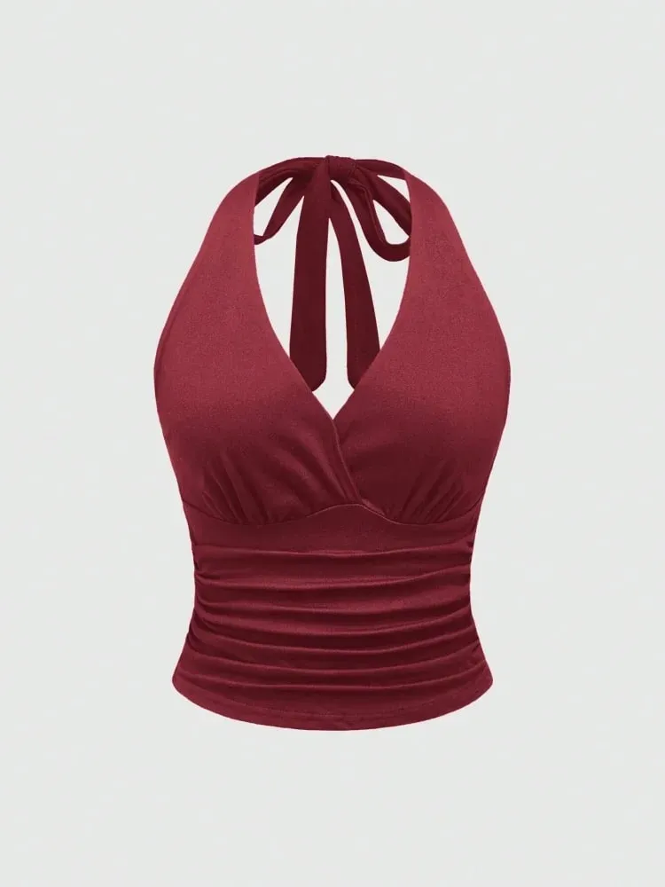 Solid V-neck Backless Halter Crop Top for Women Summer Sexy Y2K Sleeveless Ruched Top Streetwear