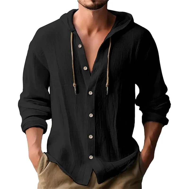 Enfärgad casual tröja för män, dragsko med luva Kofta i bomull och linne Trendig och mångsidig lös strand-t-shirt — image 5