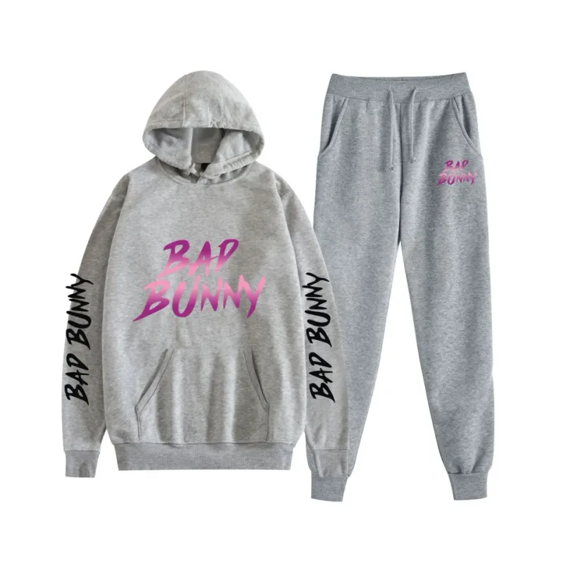 Harajuku confortável bad bunny impressão moletom moletom terno feminino hoodies + calças terno meninos/meninas 2 peça conjunto roupas — image 22