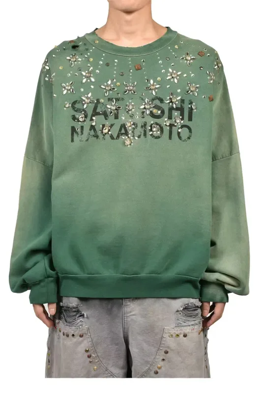 Letters Logo Rhinestone Rivet Satoshi Nakamoto Sweatshirts Men Women Streetwear Vintage Washed Charcoal Gray Green Pullovers Tag