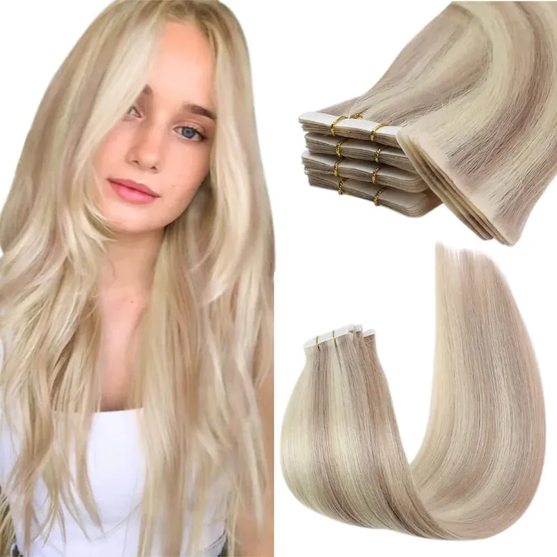 Moresoo Injection Tape Hair Extensions Ash Blonde Highlight Virgin Hair Φυσική ίσια ταινία Brazilian in Human Hair Extension