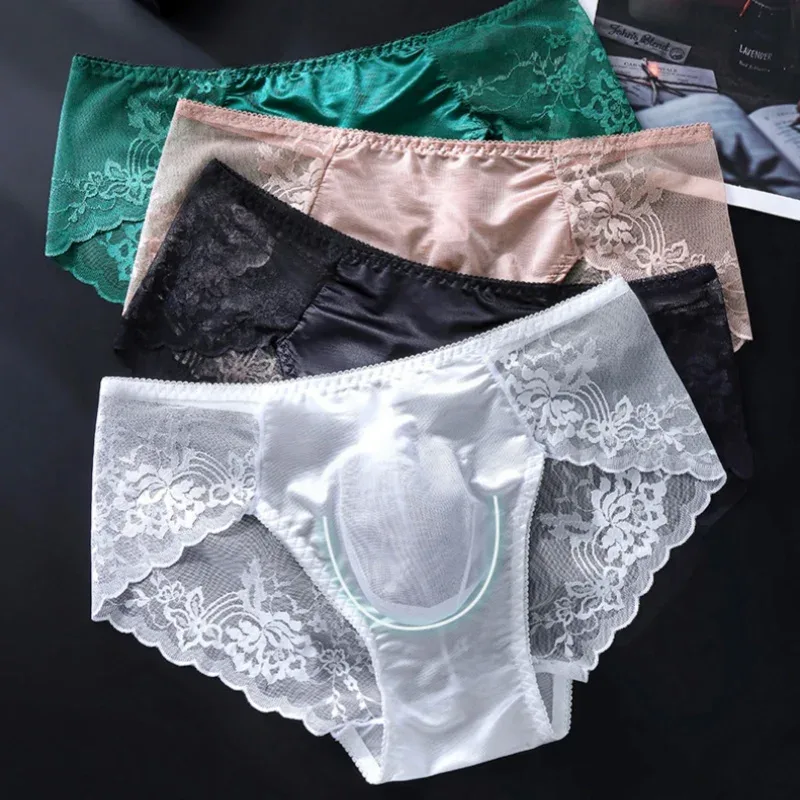4PCS Sexy Transparent Men Lace Briefs Low Waist Thin Hollow Out Triangle Panties Male Seamless Exquisite Breathable Underwear — image 3