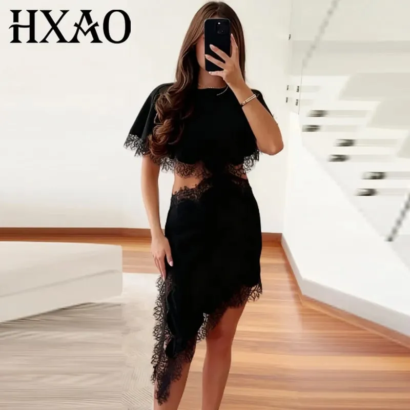 Kivágott fekete ruha női aszimmetrikus csipke midi ruha köpeny ujjú elegáns parti ruhák női szexi luxus koktélruha — image 3