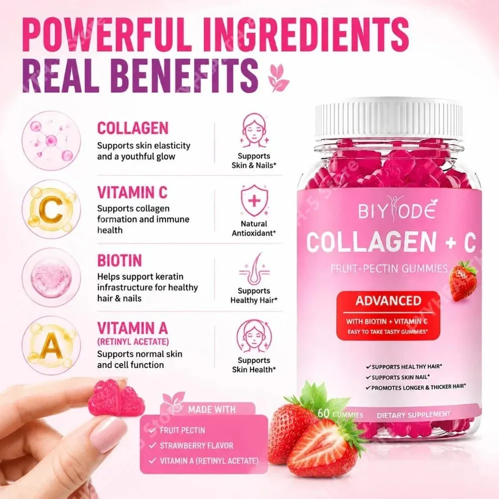 Collagen + C Fruit-Pectin Gummies with Vitamin C Natural Antioxidant Supports Healthy Hair and Skin & Nails 60 Gummies — image 4