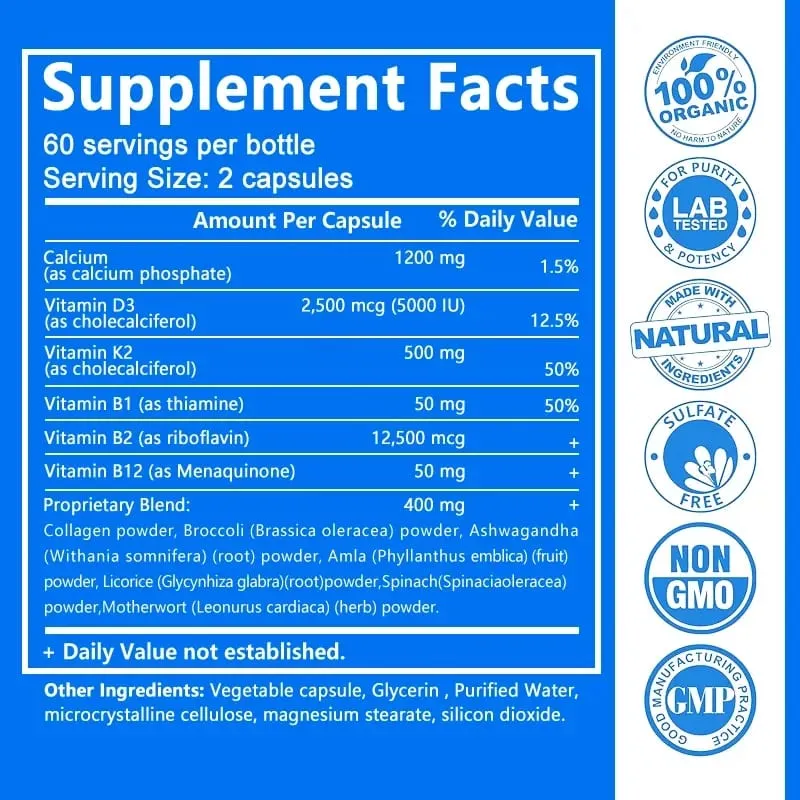 Balincer Vitamin D3+K2+B12 2000mg Capsules for Bone Immune and Calcium Support 120 Capsules Non-GMO