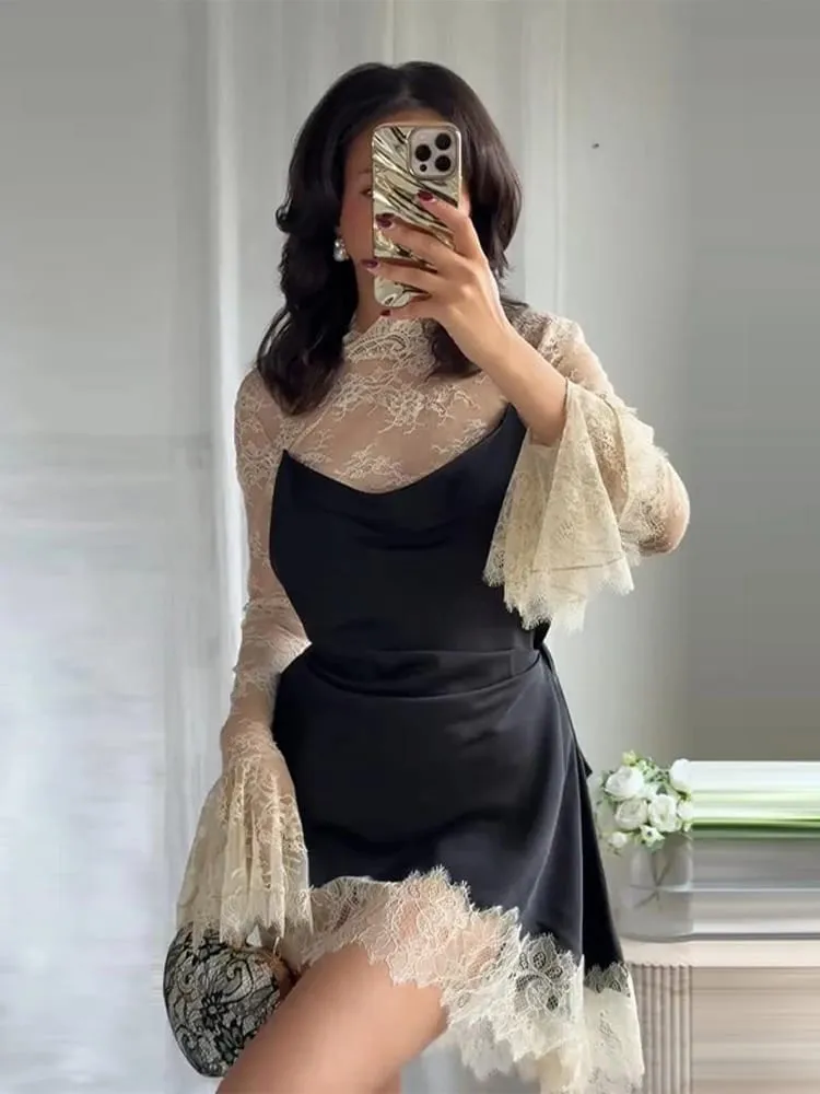 Elegáns szatén virágos csipke patchwork mini ruha nőknek, szabálytalan szegélyű, hosszú ujjú női ruhák, 2026-os elegáns esti parti Vestidos — image 4