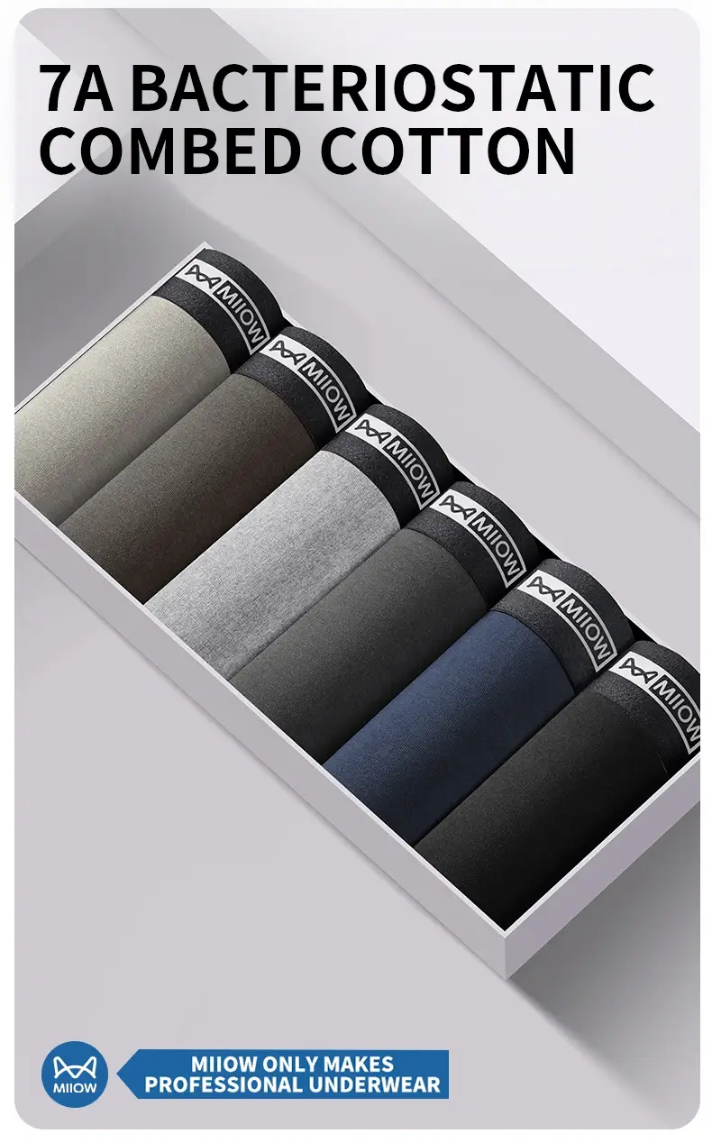 MiiOW 3Pcs Cotton na Panlalaking Panloob na Antibacterial Crotch Panti ng Panlalaking Makahinga Mga Panloob na Panlalaki Solid Kumportableng Panlalaking Boxer Brief — image 1