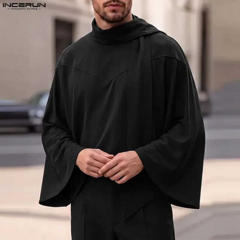 Men's Sweatshirts Solid Cloak Cape For Man Long Sleeve Scarf Collar Streetwear Autumn Winter Fashion Ponchos Hoodies — image 3