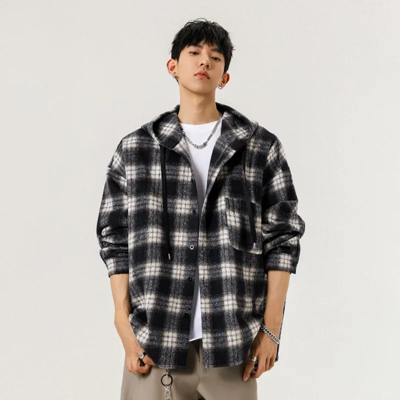 Y2K Loose Plaid Hooded Jacket Men Fashion High Street Large Sized Cardigan Outerwear Man Korean Vintage Single Breasted Hoodies — image 11