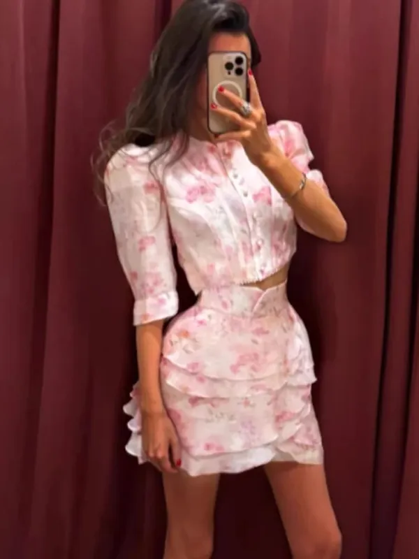 Chic Ruffle Print Slim Short Dress Women Chic Patchwork Flared sleeves V-neck Pleated Dresses 2026 Lady Summer Casual Vestidos — image 16