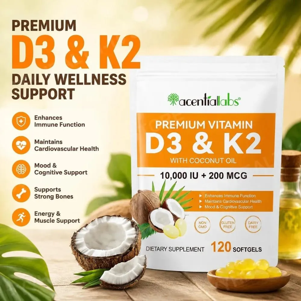 AcentiaLabs D3- és K2-vitaminos lágyzselé kókuszolajjal, immunfunkcióval és csonttámogatással gluténmentes, nem GMO 120 lágyzselé — image 2