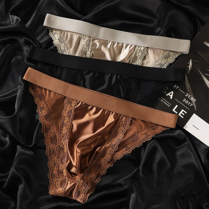 Satin-like Comfortable Men Panties Lace Trim Briefs Sexy High Fork Bikinis Underwear Breathable Low Waist Pouch — image 3