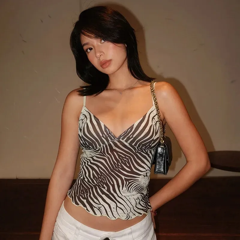 נשים קיץ רשת זברה הדפס V צווארון רשת Cami Tops — image 4