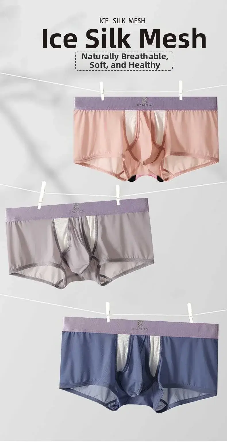 Cueca boxer masculina de seda gelo, roupa íntima de verão, secagem rápida, leve, respirável, abertura lateral separável, calcinha não destacável — image 2
