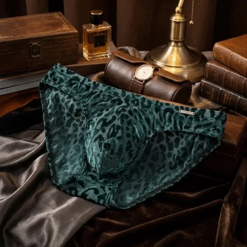 Quick Dry Ice Silk Men Briefs Lingerie Low Waist Sheer Underwear Convex Pouch Transparent Leopard Print Panties Male — image 7