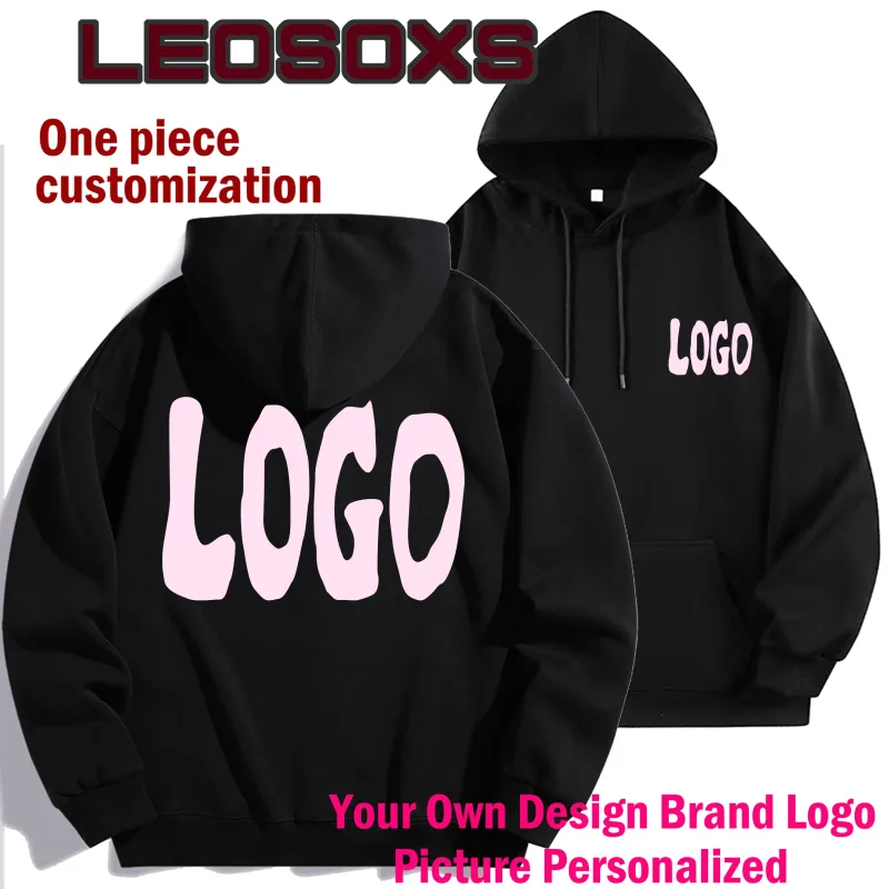 Diy logotipo personalizado preto moletom com capuz puro algodão de manga comprida pulôver casual topo para homem e mulher outono inverno moda — image 2