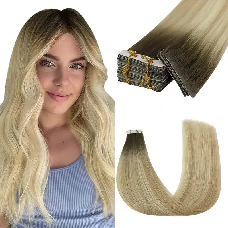 Moresoo Injection Tape Hair Extensions Ash Blonde Highlight Virgin Hair Φυσική ίσια ταινία Brazilian in Human Hair Extension
