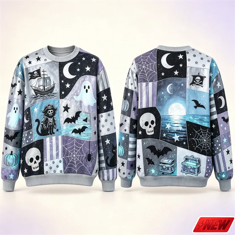 Halloween Splicing Patterns Sweatshirt Men 3D Print Pumpkin Cat Long Sleeve Pullover Hoodie Quick Dry Holiday Costume Top Unisex