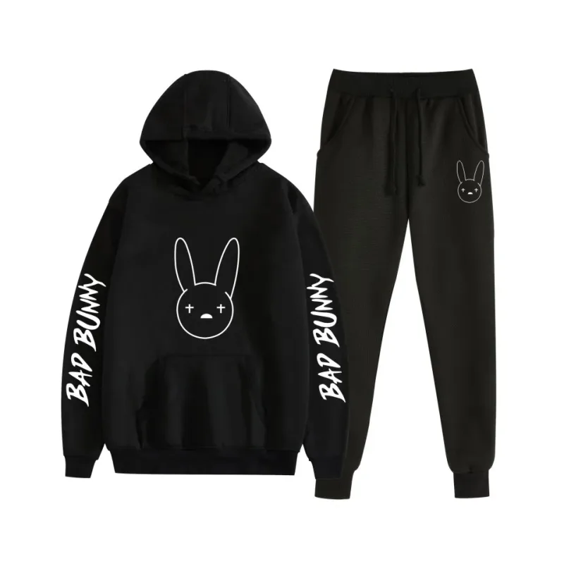 Harajuku confortável bad bunny impressão moletom moletom terno feminino hoodies + calças terno meninos/meninas 2 peça conjunto roupas — image 8
