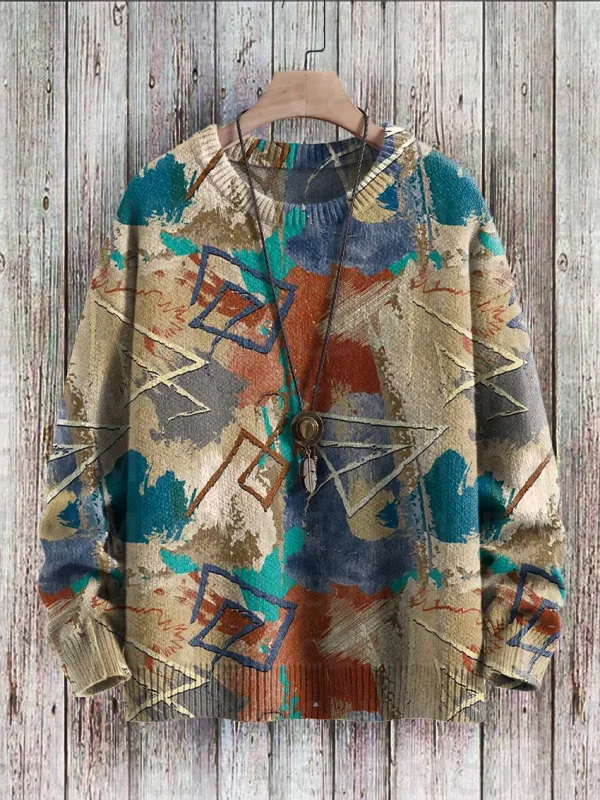 Suéter pulôver de malha com estampa vintage padrão feminino para homens