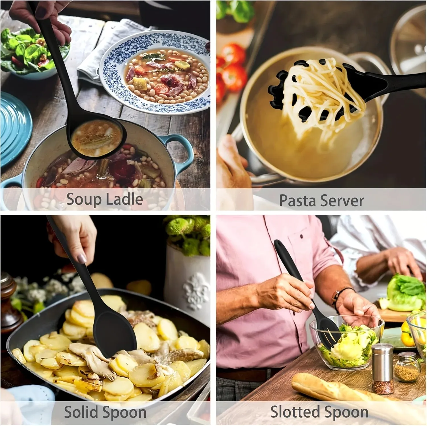 1 /7 részes szilikon konyhai edénykészlet - tapadásmentes, spatula kanál szkimmer tésztacsipesz és egyebek főzéshez és sütéshez — image 9