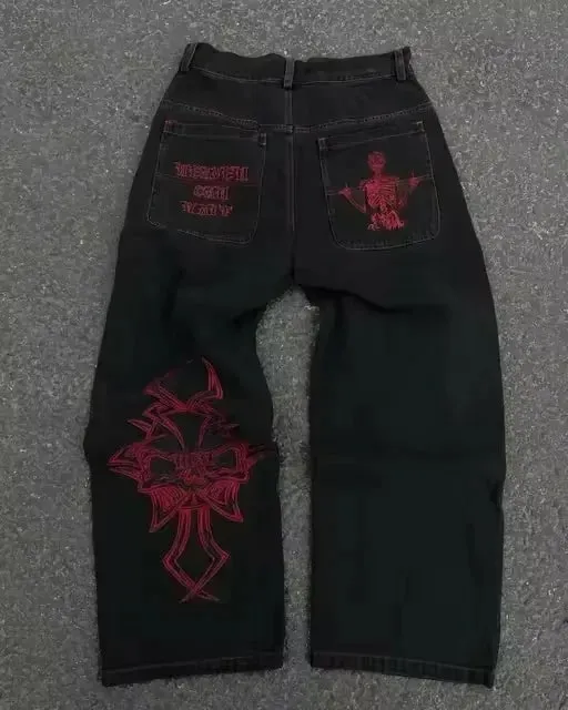 Y2K fekete túlméretezett teherfarmer férfi nehéz pántos csatos cipzáros zseb Szomorú részletek Utcai ruházat Alkalmi széles lábú divatos nadrág