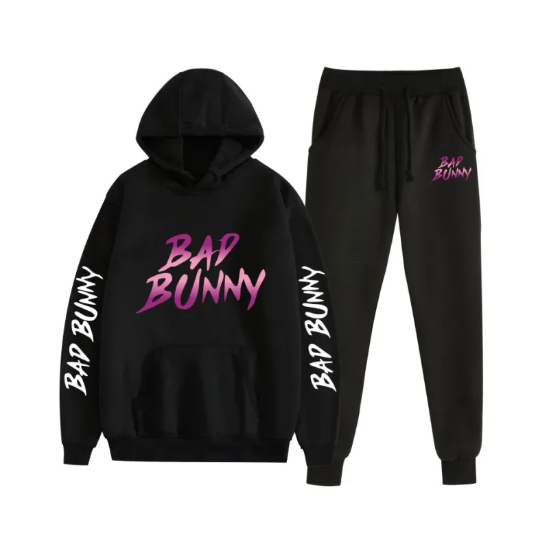 Harajuku confortável bad bunny impressão moletom moletom terno feminino hoodies + calças terno meninos/meninas 2 peça conjunto roupas — image 41
