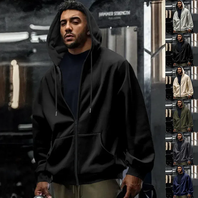 Novo 2026 outono casual sólido manga longa zíper com capuz moletom casaco masculino moda ao ar livre roupas esportivas jaquetas — image 2