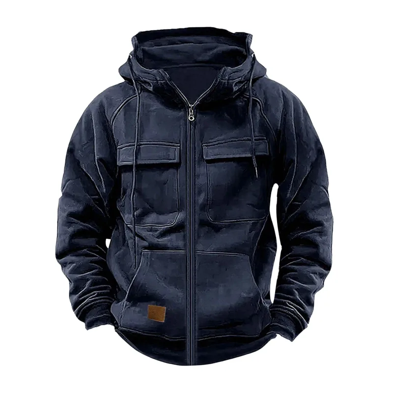 New Autumn Winter Men's Hooded Solid Hoodies Jackets Multi Pockets Male Zipper Sweatshirts Sports Outdoor Casual Hoodie Coat — image 3