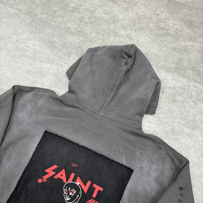 25FW Washed Grey SAINT Hoodies Men Woman Oversize Streetwear Damaged Hooded Pullovers Graphic Print Sweatshirts — image 8