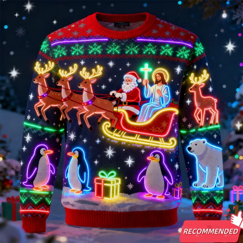 Falso luz de néon 3d impresso feio camisola de natal para mulheres roupas masculinas feliz natal boneco de neve engraçado santa jesus pullovers agasalho — image 3