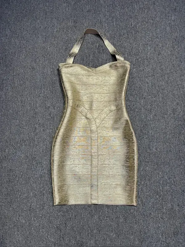 Valódi fotók Női Arany bronzos pólyás ruha Bodycon Mini High Street Evening Club Party Homecoming ruha nagykereskedelmi dropship