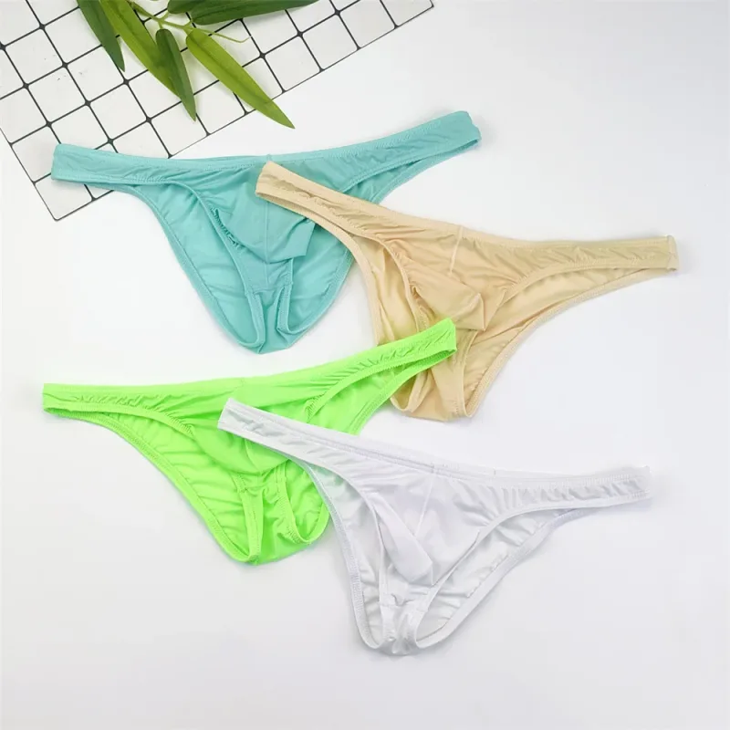 4PCS Men High Fork Briefs Mid Waist Elastic Ice Silk Brief Summer Underpants Ice Silk U Convex Pouch Male Underwear Silky Shorts