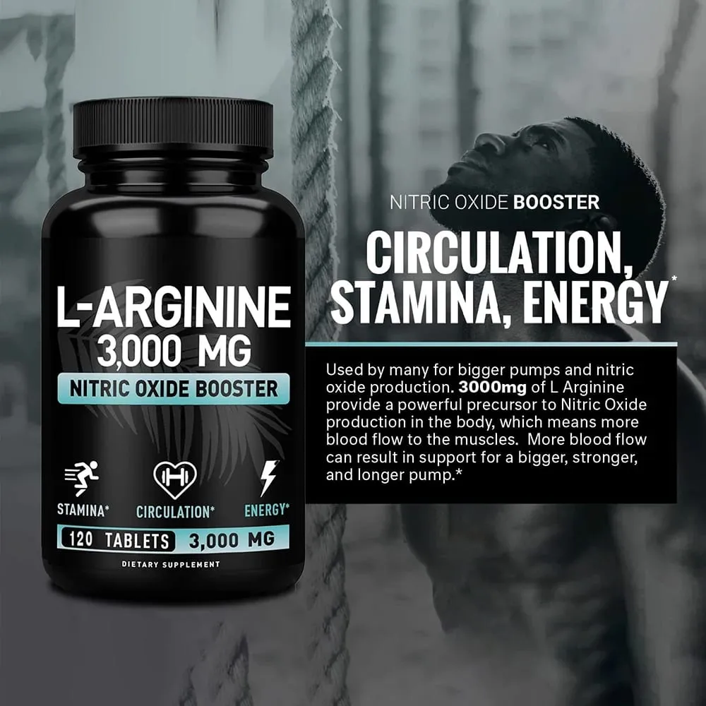 L Arginine 3000 mg Capsules - 120 Capsules Supplément d'oxyde nitrique pour le sport musculaire et l'énergie - Booster d'oxyde nitrique L-Arginine