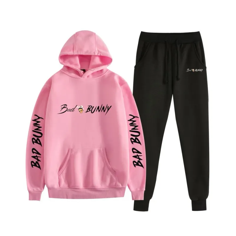 Harajuku confortável bad bunny impressão moletom moletom terno feminino hoodies + calças terno meninos/meninas 2 peça conjunto roupas — image 6